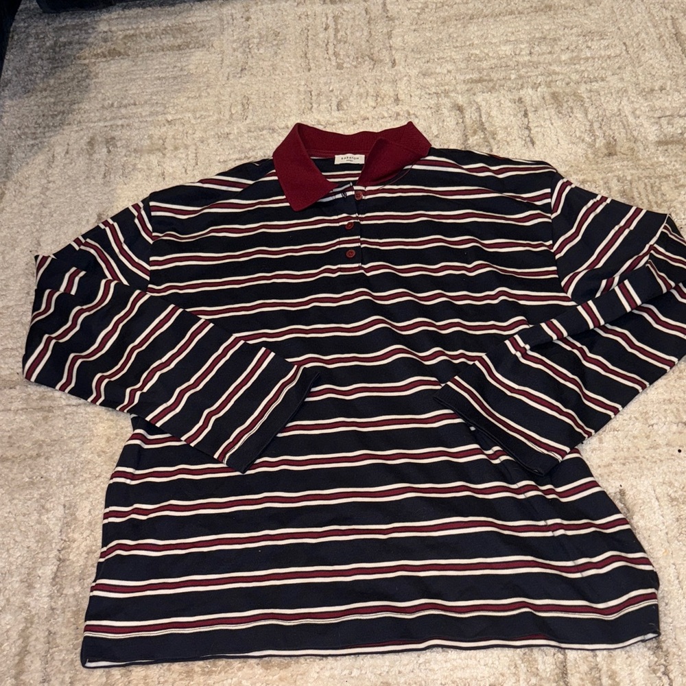 Babaton Navy Striped Polo with Burgundy Collar